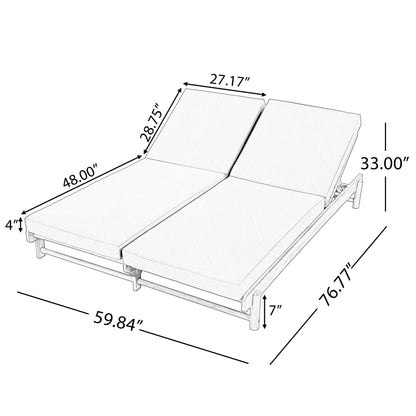 Light Teak Acacia Wood Double Chaise Lounger Set: 1 Frame + 2 Dark Grey Cushions, 800 lbs Capacity, 3-Position Adjustable Backrest, 4" Thick 2-Fold Water-Resistant Cushions for Patio Poolside Backyard
