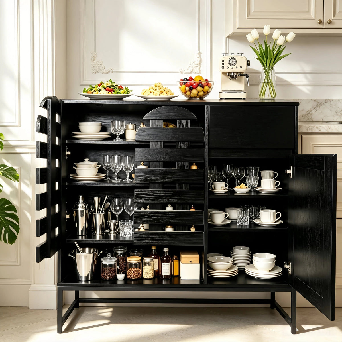 Buffet Cabinet with Storage: 44.49"Black Woven Door Accent Cabinets,with Arched Doors,with Multi layer Adjustable,with Metal Leg,woven door and drawer - for Kitchen Living Dining Room Entryway