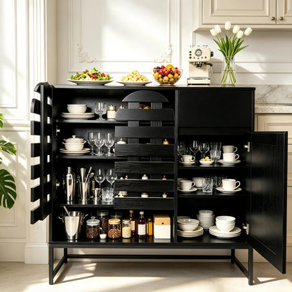 Buffet Cabinet with Storage: 44.49"Black Woven Door Accent Cabinets,with Arched Doors,with Multi layer Adjustable,with Metal Leg,woven door and drawer - for Kitchen Living Dining Room Entryway