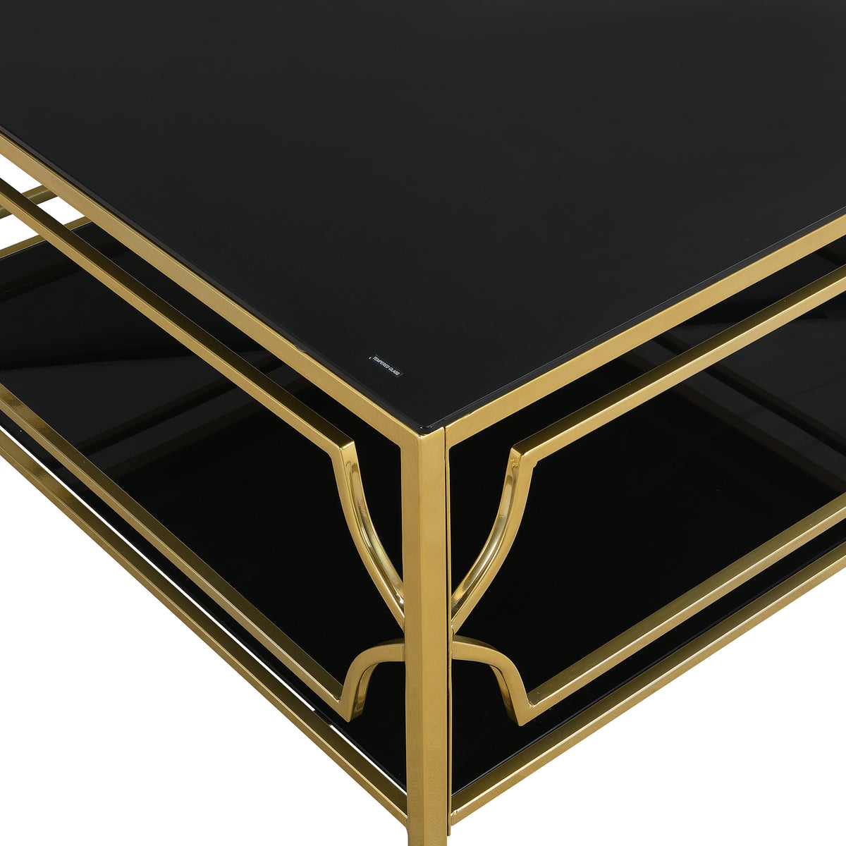 Square Glass Coffee Table in 33.5", Luxurious Geometric Metal Frame, Gold Finish & Lower Shelf