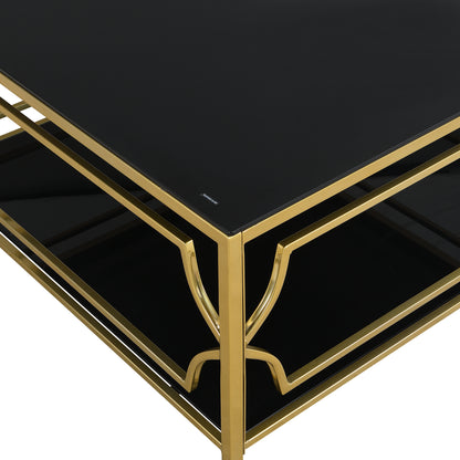 Square Glass Coffee Table in 33.5", Luxurious Geometric Metal Frame, Gold Finish & Lower Shelf
