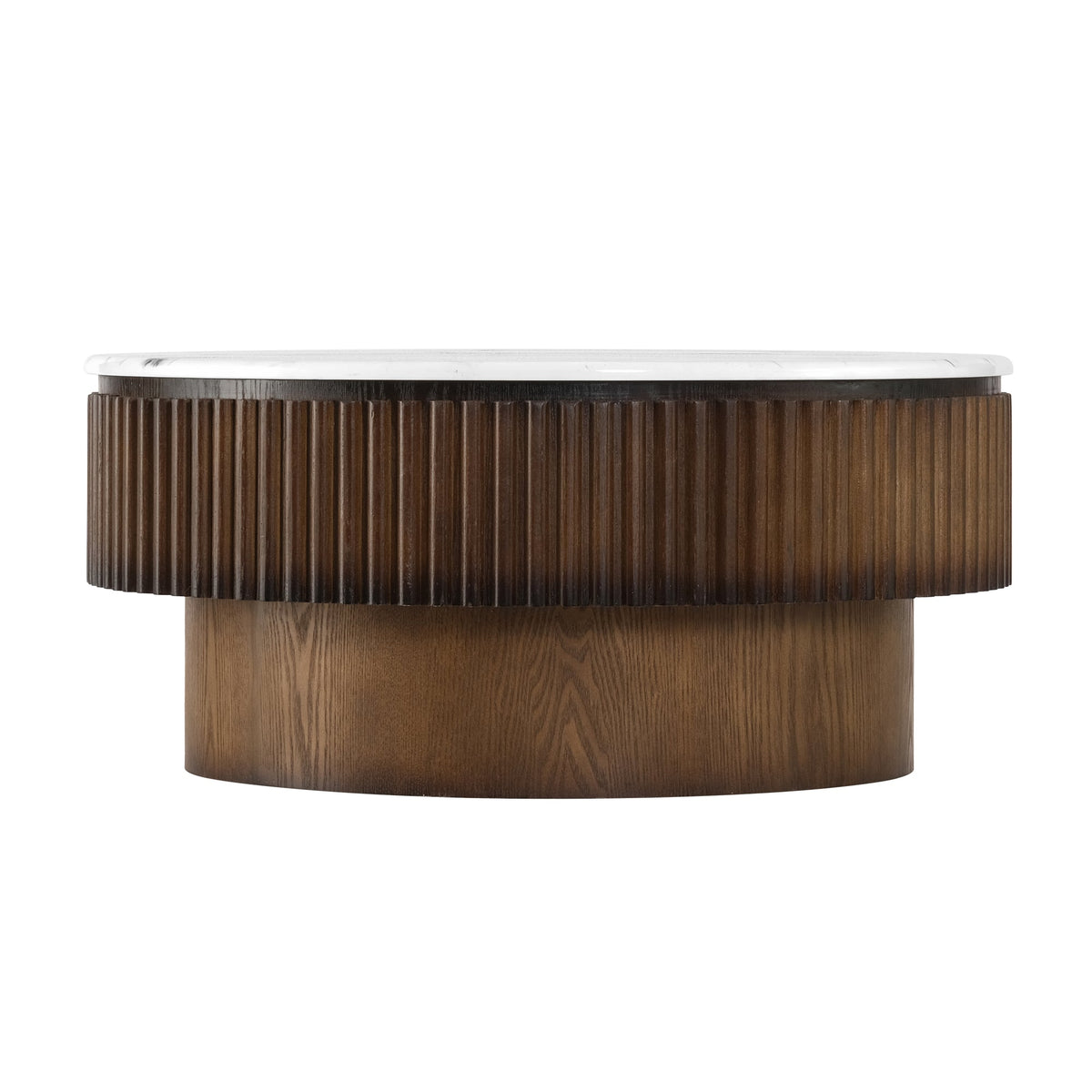 31.49'' Round Coffee Table with Storage, Modern Small Coffee Table with White Marble-Pattern Top & Solid Wood Fluted Base, Center Table for Living Room, Apartment, Office