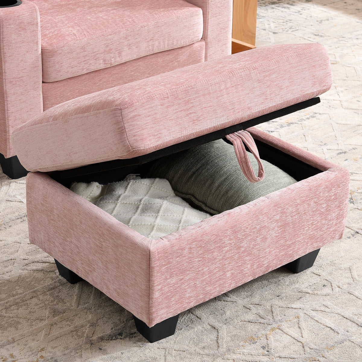 Single sofa recliner with manually adjustable backrest, USB charging port on the armrest side, phone stand included, hidden armrest storage, and a matching storage ottoman-Pink