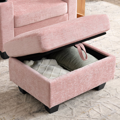 Single sofa recliner with manually adjustable backrest, USB charging port on the armrest side, phone stand included, hidden armrest storage, and a matching storage ottoman-Pink