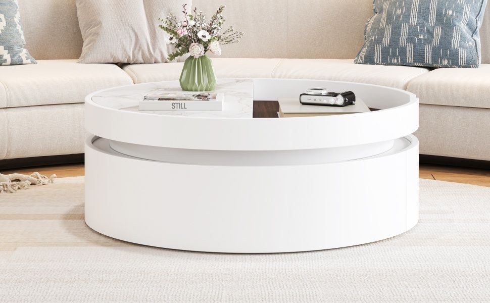 White Round Lift Coffee Table with 1 Drawer in 29.5', Marble Veneer and Wood Grain Tabletop