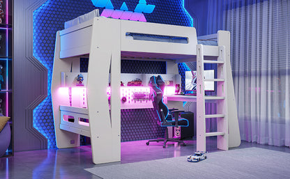 Twin/Full Size Gaming Loft Bed, All-in-One Gaming Bed with Desk, Gaming Bed with Storage, Gaming Loft Bed with Led Light, Esports Style Loft Bed Frame for Teens, Space Saving Loft bed.Beige