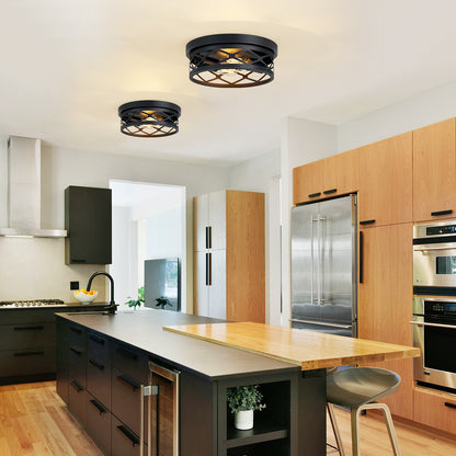 2 Pack 2-Light Matte Black Industrial Flush Mount Ceiling Light, Farmhouse Round Ceiling Lamp for Hallway Kitchen Entryway(No light bulb)