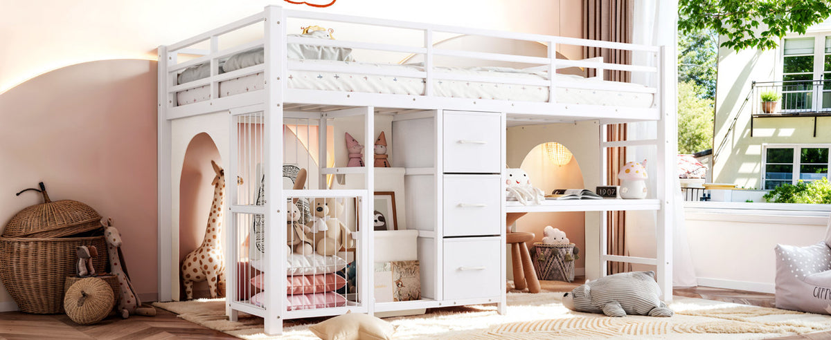Twin Metal Low Loft Bed for Kids, Low Loft Bed with Storage Drawer, Low Loft Bed with Bookshelf & Built-in Desk, Sturdy Low Loft Bed Frame, Multi-Function Low Loft Bed for Kids.White