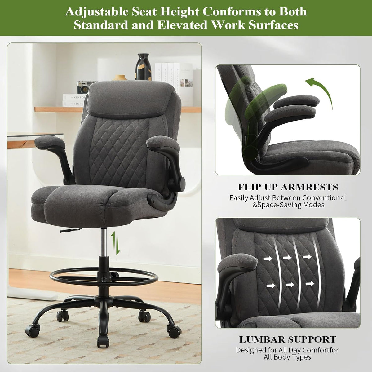 Drafting Chair Tall Office Chair for Standing Desk, Ergonomic Tall Desk Chair with Adjustable Foot Ring, Flip-Up Armrests, Lumbar Support, Comfortable Fabric Seat – Ideal for Home and Office