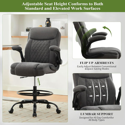 Drafting Chair Tall Office Chair for Standing Desk, Ergonomic Tall Desk Chair with Adjustable Foot Ring, Flip-Up Armrests, Lumbar Support, Comfortable Fabric Seat – Ideal for Home and Office