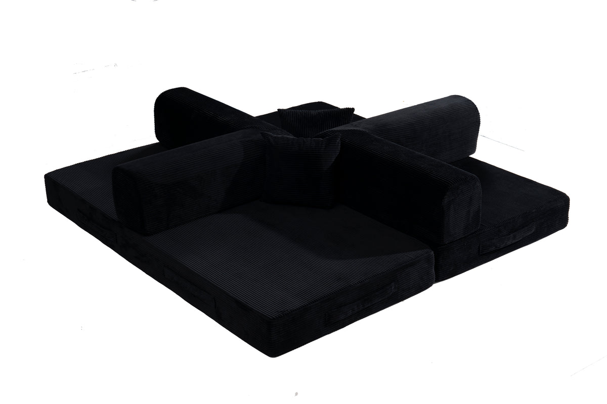 Convertible Sofa Bed, Folding Floor Couch Corduroy Fold Out Couch Bed Futon Sleeper Mattress with Pillows, Boneless Sofa for Living Room Bedroom,BLACK