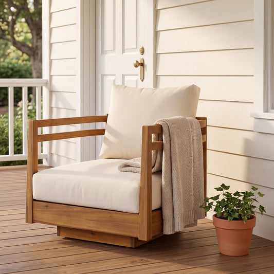 Acacia Wood Outdoor Swivel Chair with Beige Cushions, MP1