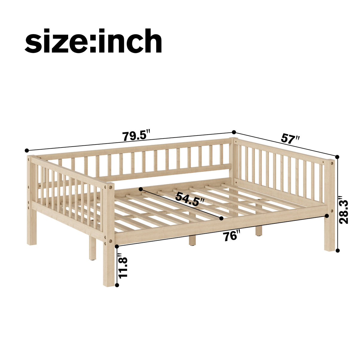 Full Size Daybed, 3-Sided Vertical Slat Guardrail Bed Frame, Breathable Wooden Slat Support Leisure Bed for Home Bedroom,Natural