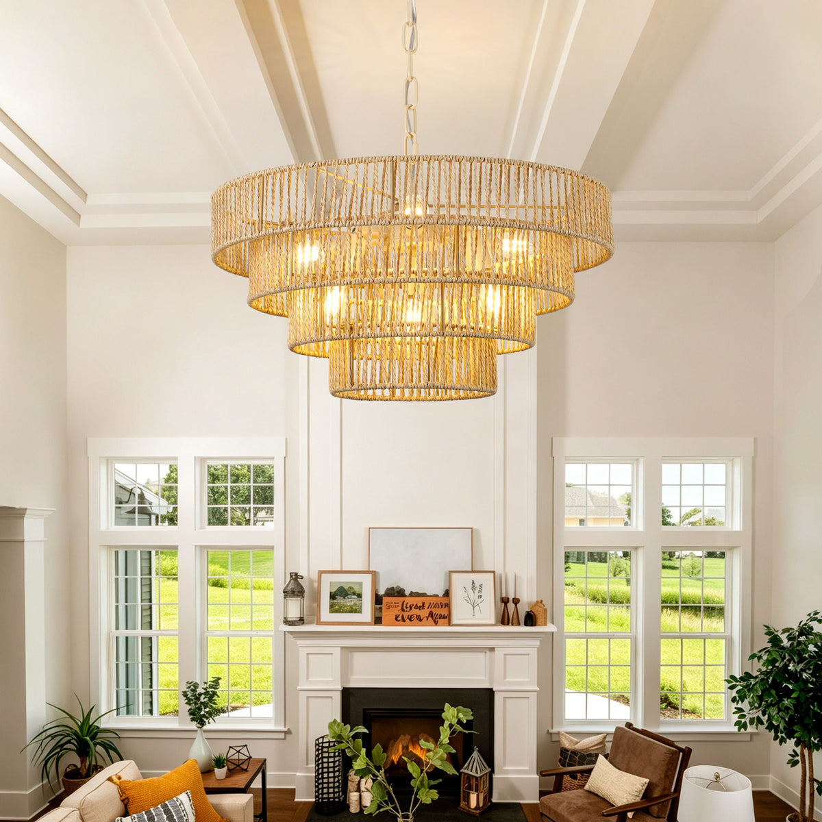19.69" Tiered Glass Chandelier, 6-Light B12 Socket Pendant Light, Gold Metal Frame, Adjustable Hanging Cord