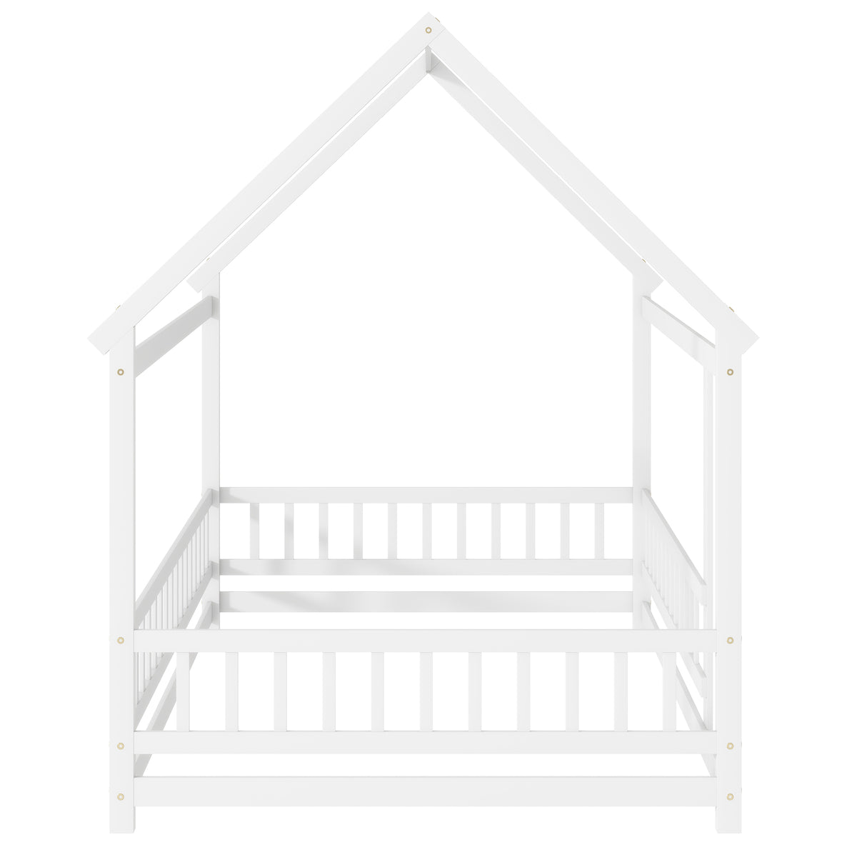 Full Size House Floor Wooden Bed with Roof Frame, Safety Guardrails,Whtie
