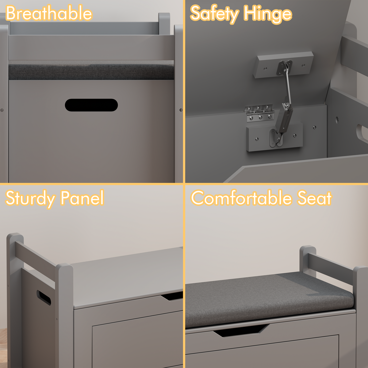 Kids Toy Box Chest for Boys Girls, Large Storage Cabinet with Cushion Seat Bench/ Flip-Top Lid/ Safety Hinge, Toy Storage Organizer Trunk for Nursery, Playroom (Gray)