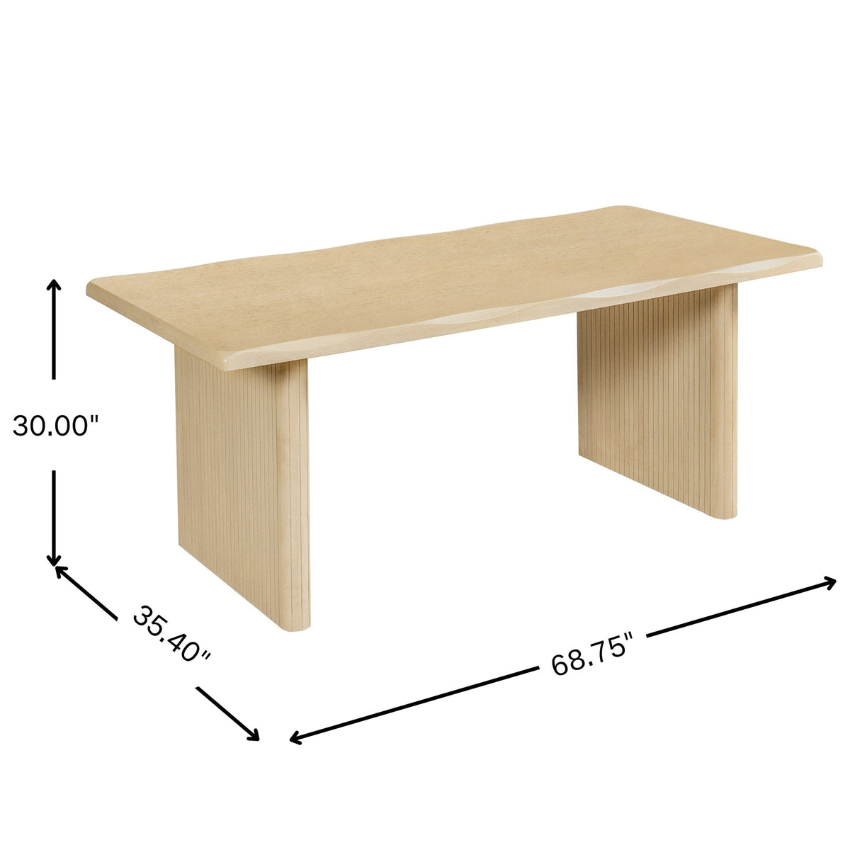 Natural Oak Veneer Dining Table with Ribbed Rubber Wood Legs, 68.75' L Scalloped-Edge Indoor Table in Warm Natural Finish, MDF Top with Oak Veneer