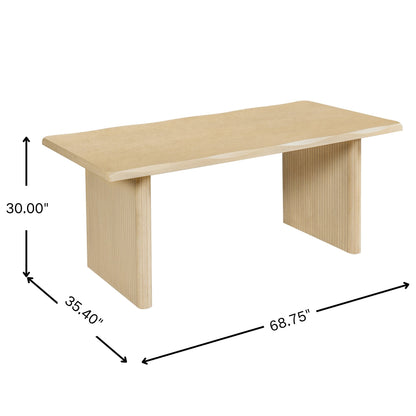 Natural Oak Veneer Dining Table with Ribbed Rubber Wood Legs, 68.75' L Scalloped-Edge Indoor Table in Warm Natural Finish, MDF Top with Oak Veneer