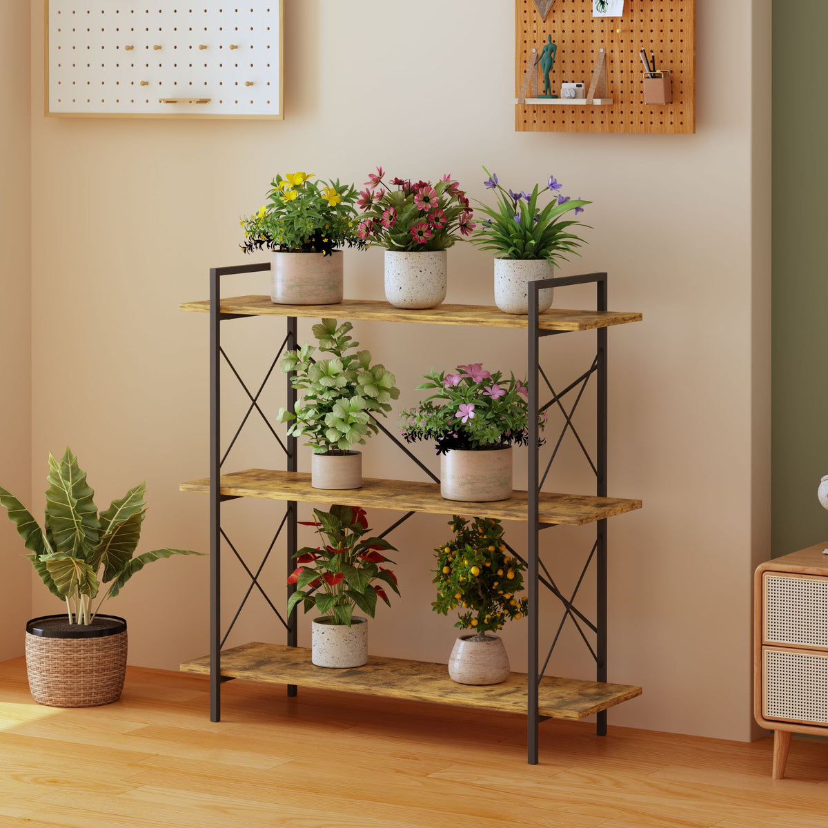 3-Tier Bookshelf, Horizontal Bookcase with Open Storage Shelves, Rustic Industrial Plant Stand, Wood & Metal Shelf for Living Room, Bedroom & Home Office (Rustic Brown)