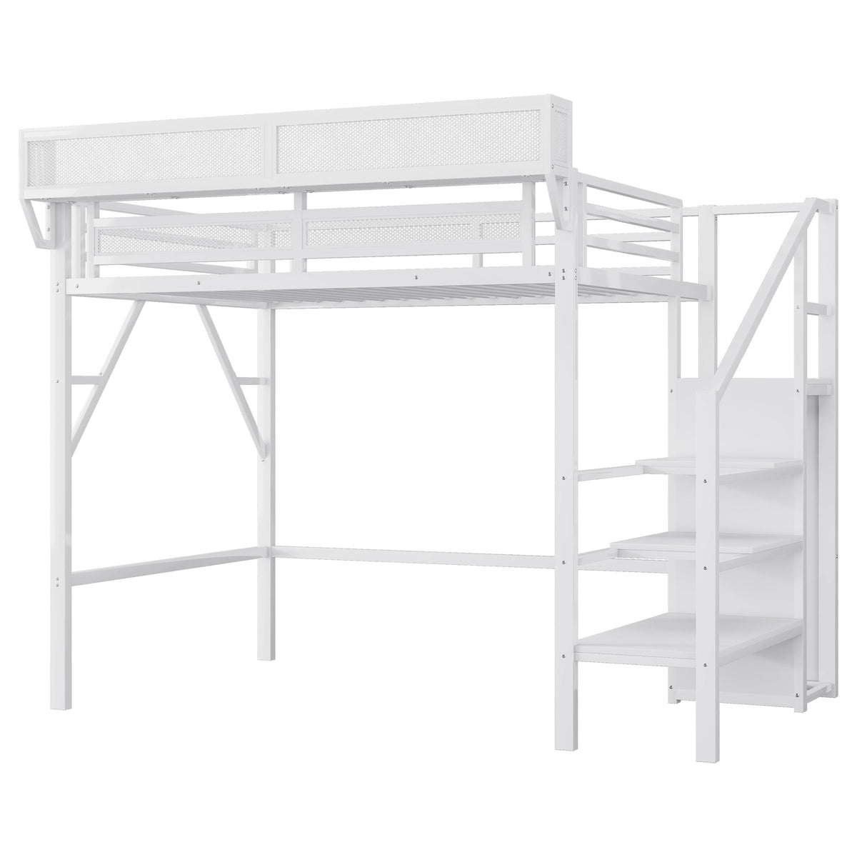 Twin XL Size Loft Bed with Stairs, Metal Full Loft Bed with Storage Shelves, High Loft Bed with Wardrobe for Kids Teens,White(Old Sku W2580S00050)