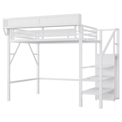 Twin XL Size Loft Bed with Stairs, Metal Full Loft Bed with Storage Shelves, High Loft Bed with Wardrobe for Kids Teens,White(Old Sku W2580S00050)