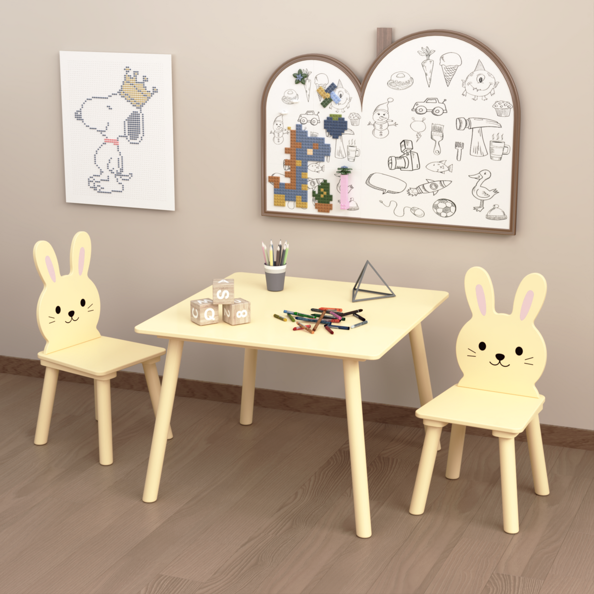 Kids Table and Chair Set with 2 Bunny Chairs, Children's Wooden Activity Table for Toddlers, Cute Animal Design Study Play Set