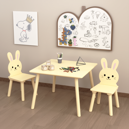 Kids Table and Chair Set with 2 Bunny Chairs, Children's Wooden Activity Table for Toddlers, Cute Animal Design Study Play Set
