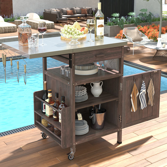 K&K 40.5" Outdoor Grill Cart with Stainless Steel Top, Solid Wood Outdoor Storage Cabinet with Drop Leaf, One Drawer, Towel Rack