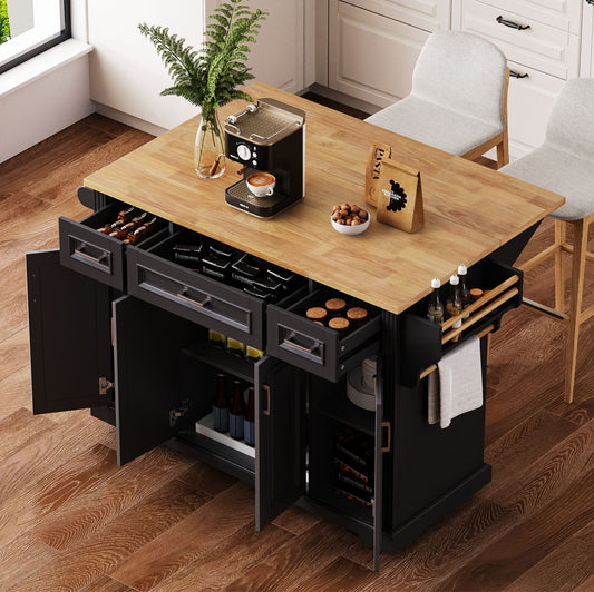 K&K 54inch Large Kitchen Island with Rubber Wood Drop Leaf, Embossed Texture Rolling Kitchen Cart on 4 Wheels with 4 Doors and 3 Drawers