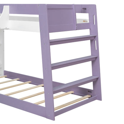 Twin Over Twin XL Bunk Bed with Storage Shelves & Guardrail Storage Basket, White+Light Purple