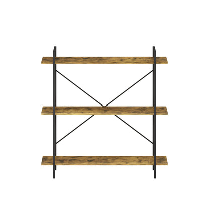 3-Tier Bookshelf, Horizontal Bookcase with Open Storage Shelves, Rustic Industrial Plant Stand, Wood & Metal Shelf for Living Room, Bedroom & Home Office (Rustic Brown)