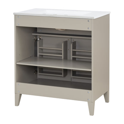 [Video] 30" Bathroom Vanity with Ceramic Sink Top, Solid Wood Legs, Soft-Close Double Doors & Tip-Out Drawer, Adjustable Interior Shelf, Door-mounted Organizers, Beige
