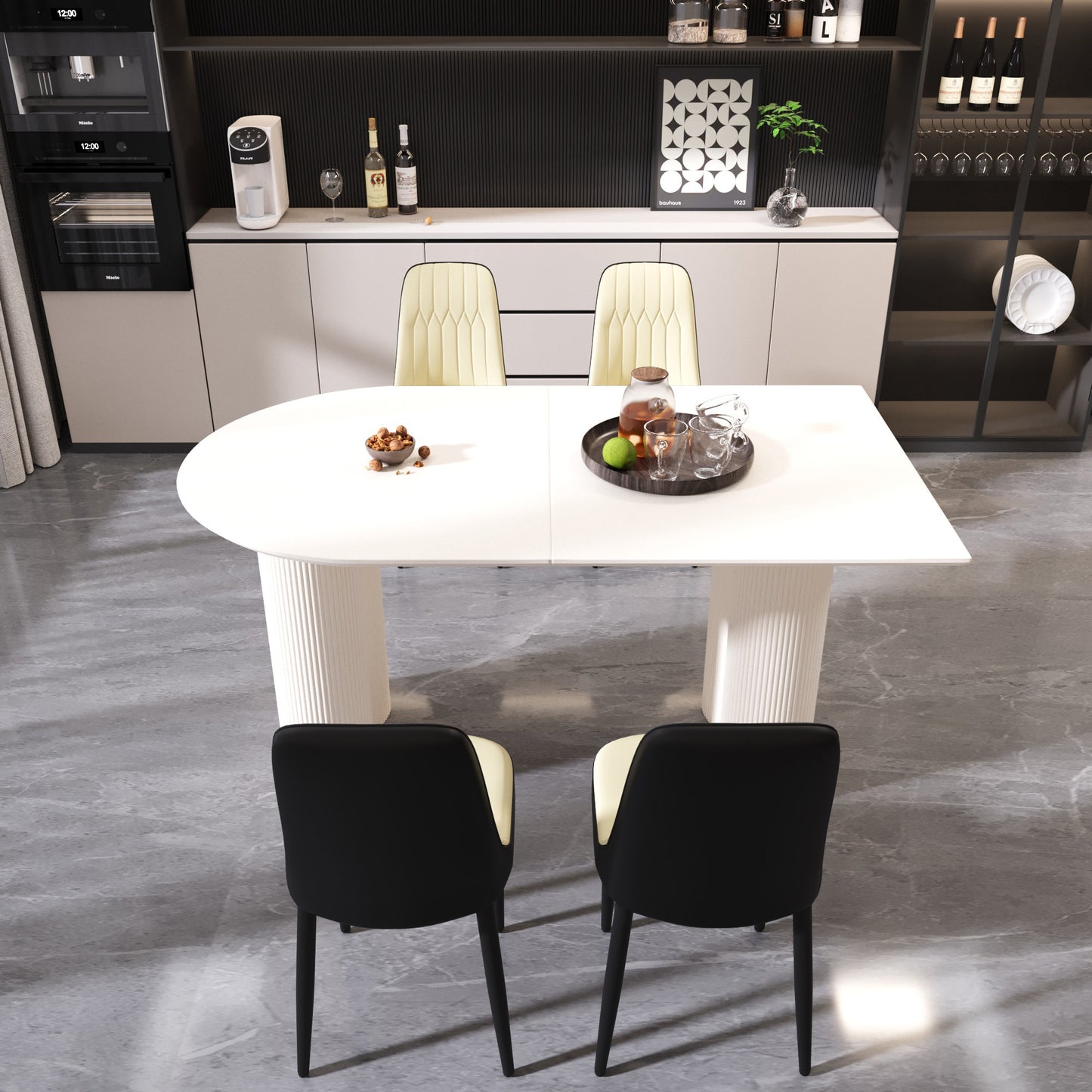 63 'medieval modern cream style MDF dining table and PU dining chair set 4. Assemble Desktop and black metal leg dining chair set, suitable for home&kitchen