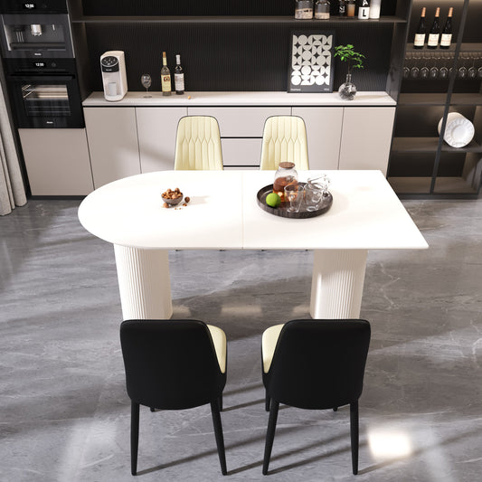 63 'medieval modern cream style MDF dining table and PU dining chair set 4. Assemble Desktop and black metal leg dining chair set, suitable for home&kitchen