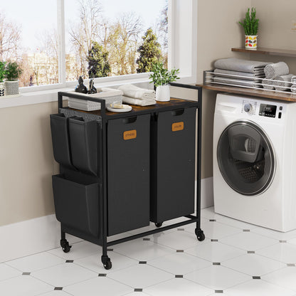 2 Section Laundry Hamper, Laundry Sorter with Wheels, Laundry Basket Organizer with Shelf & 2 Pull-Out Removable Bags, Dirty Clothes Hamper Organizer for Laundry Room Bathroom Dorm ,26.4 gallons(100L)