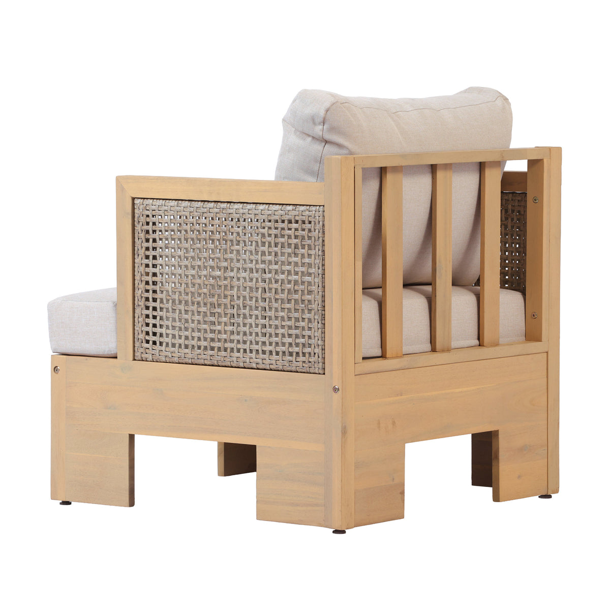 Acacia wood and rattan-woven armrests outdoor club chair with a deep seat and soft cushion, suitable for gardens, backyards, porches, and balconies,Set 2(Light Teak+Light Brown Wicker+Beige Cushion).