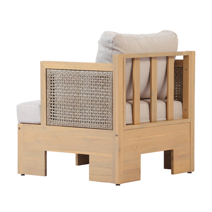 Acacia wood and rattan-woven armrests outdoor club chair with a deep seat and soft cushion, suitable for gardens, backyards, porches, and balconies,Set 2(Light Teak+Light Brown Wicker+Beige Cushion).