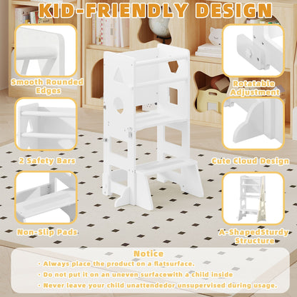 4-in-1 Toddler Kitchen Step Stool,Foldable Learning Standing Tower with Blackboard, Wooden Kitchen Stool Helper for Kids, 1-3 Year Old Boy Girl Gifts(White)