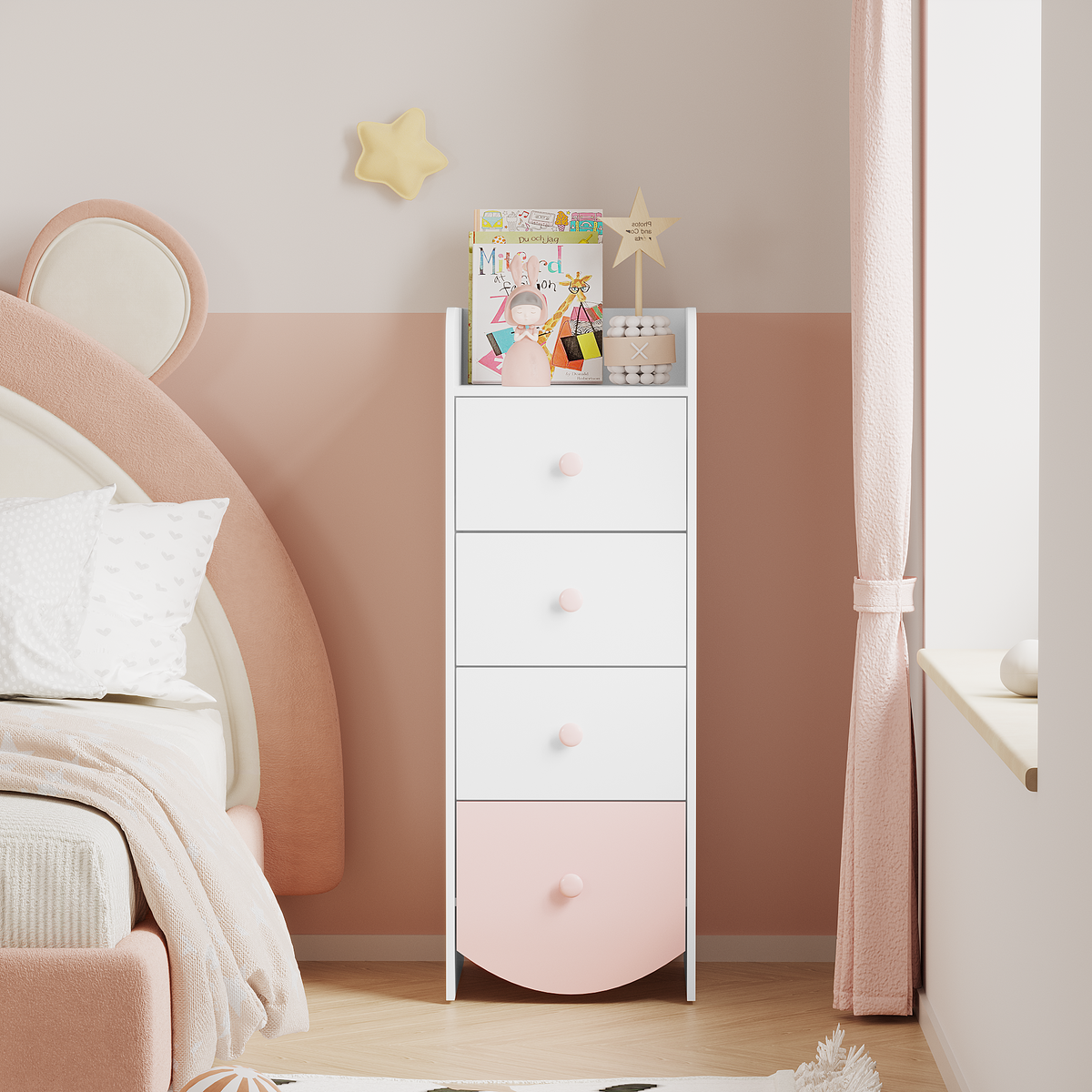 Kids Dresser with 4 Drawers, Narrow Storage Cabinet for Kids Room, MDF Chest of Drawers with Round Bottom Design, Nursery Bedroom Organizer, White