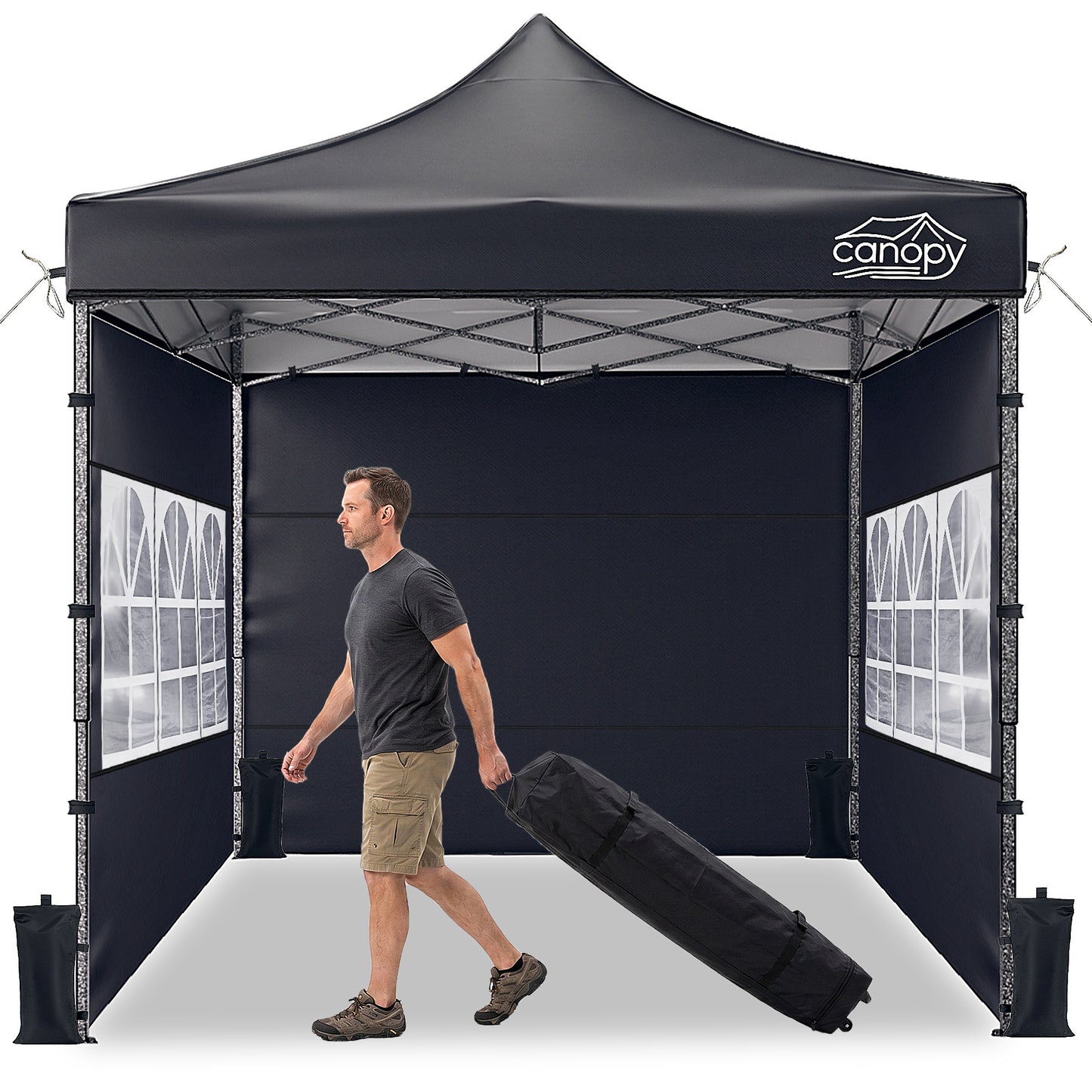 10x10 Pop Up Canopy, 3-in-1 9m Sidewall, Black Speckled Frame, Black Silver-Coated Top UPF50+ WR, 4 Heights 6.7-7.6ft, 1Sidewall+2 Windows, incl Stakes/Sandbags/Ropes/Bag for Market Camping Beach