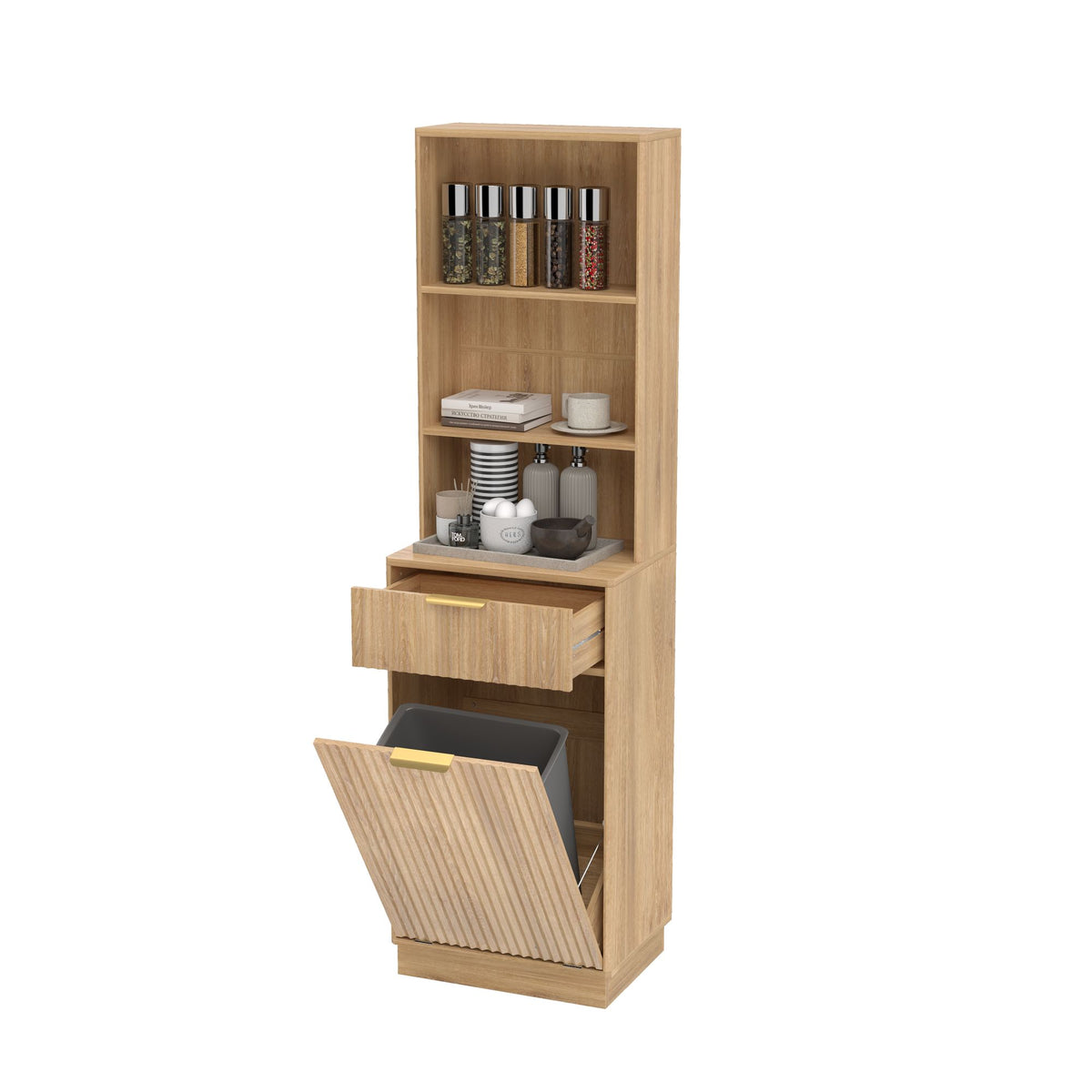 Tall Narrow Fluted Storage Cabinet with 10-Gallon Hidden Trash Bin Compartment, Freestanding Cabinet, Fixed Open Shelves & Drawer, Anti‑Tip for Kitchen Home‑Office Living Room (Trash Can NOT Included)