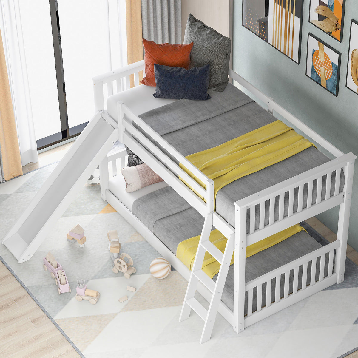 White Twin over Twin Bunk Bed with Convertible Slide and Ladder, Pine Wood, 79.1''L x 42.1''W x 49.4''H