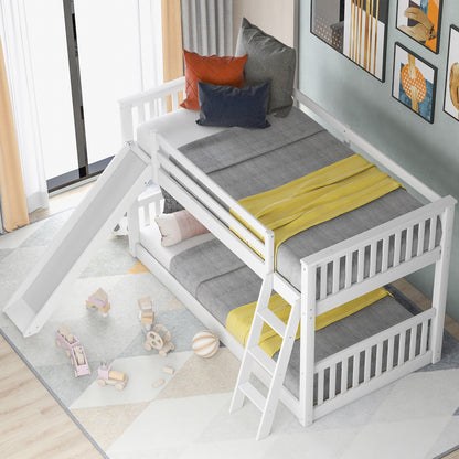 White Twin over Twin Bunk Bed with Convertible Slide and Ladder, Pine Wood, 79.1''L x 42.1''W x 49.4''H