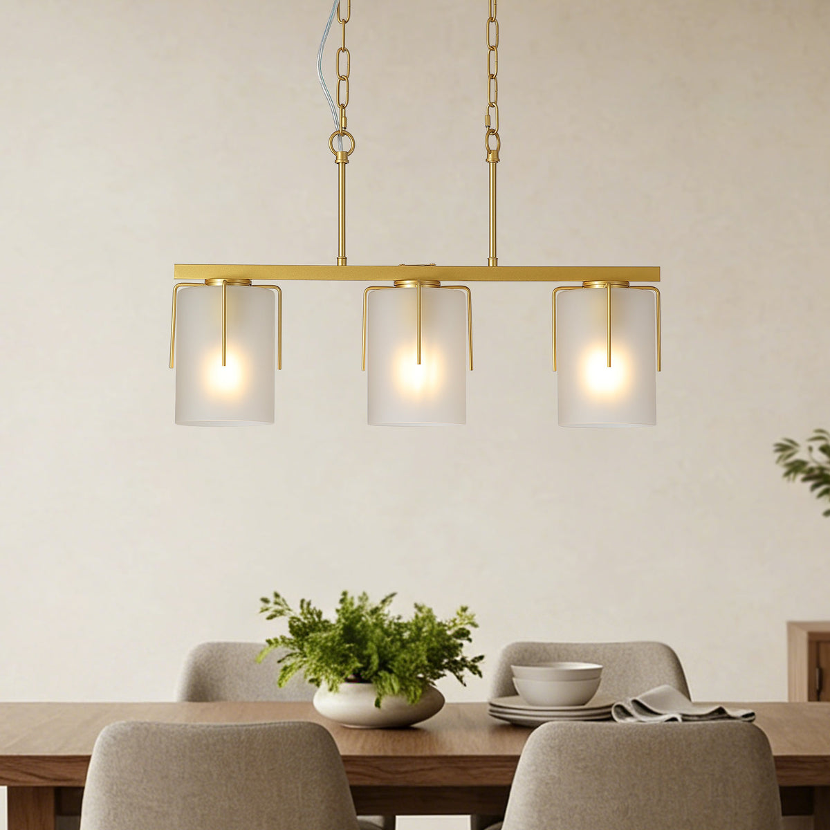 Modern Gold 3-Light Linear Chandelier, E26 Base, Adjustable Height Pendant Light with Milky White Frosted Glass Shades