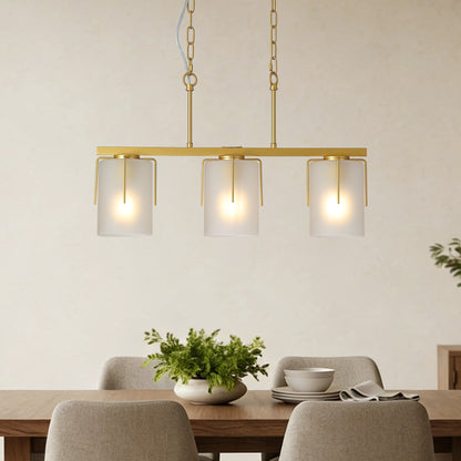 Modern Gold 3-Light Linear Chandelier, E26 Base, Adjustable Height Pendant Light with Milky White Frosted Glass Shades