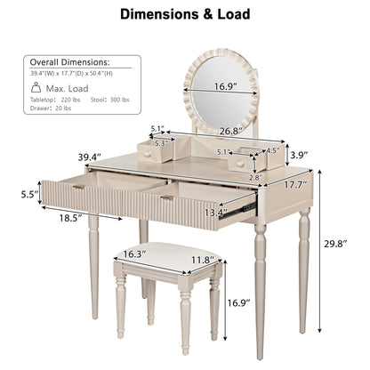 Luxury Vanity Desk with Round Mirror,Height-Adjustable, Stylish Dressing Table Set, 4 Drawers & Stool, Champagne