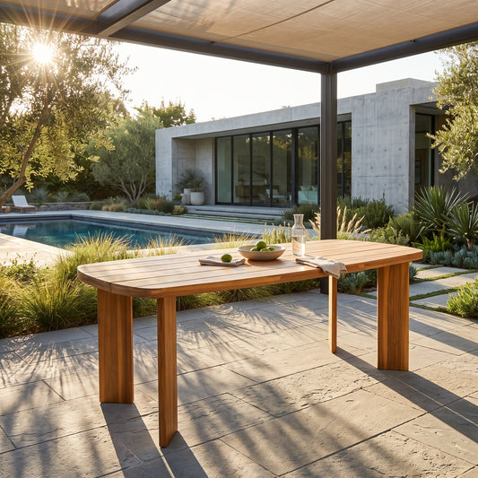 71' Outdoor Acacia Wood Dining Table, Teak Finish, Rounded End Rectangular Patio Wooden Table for Backyard Garden Deck Poolside