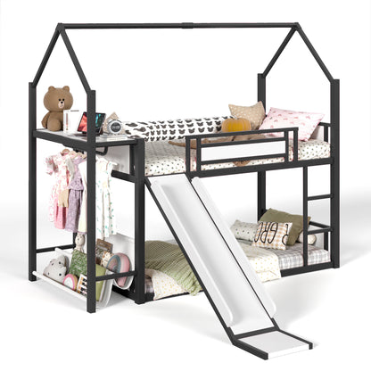 Twin Over Twin Metal Bunk Bed with Slide, LED Clothing Hanging Area, Fabric Storage Shelf & Power Outlet, Childlike Playhouse bunk bed Frame with low-profile design for Kids Girls,boys, Black