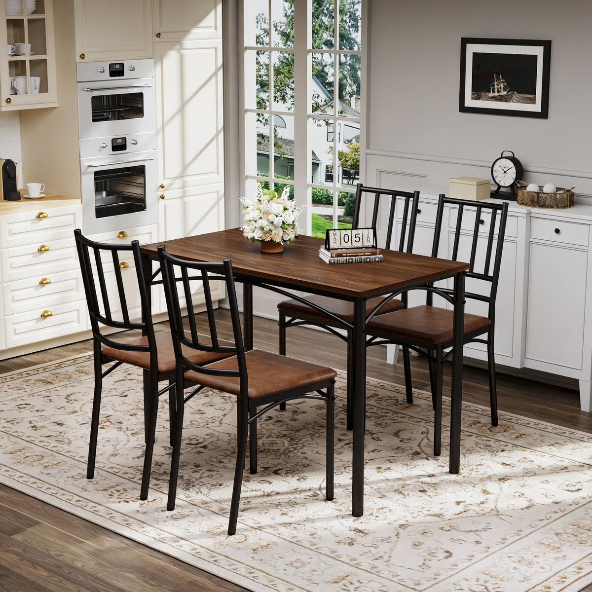 Dining Table Set, Bar Table with 4 Dining Benches, Kitchen Table Counter with Chairs, Industrial for Kitchen Breakfast Table, Party Room – Walnut