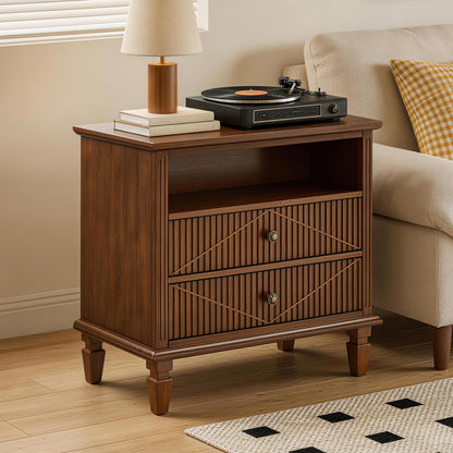 Farmhouse Nightstand with Charging Station, 2-Drawer Engineered Wood Storage Cabinet, Bedside Table for Bedroom